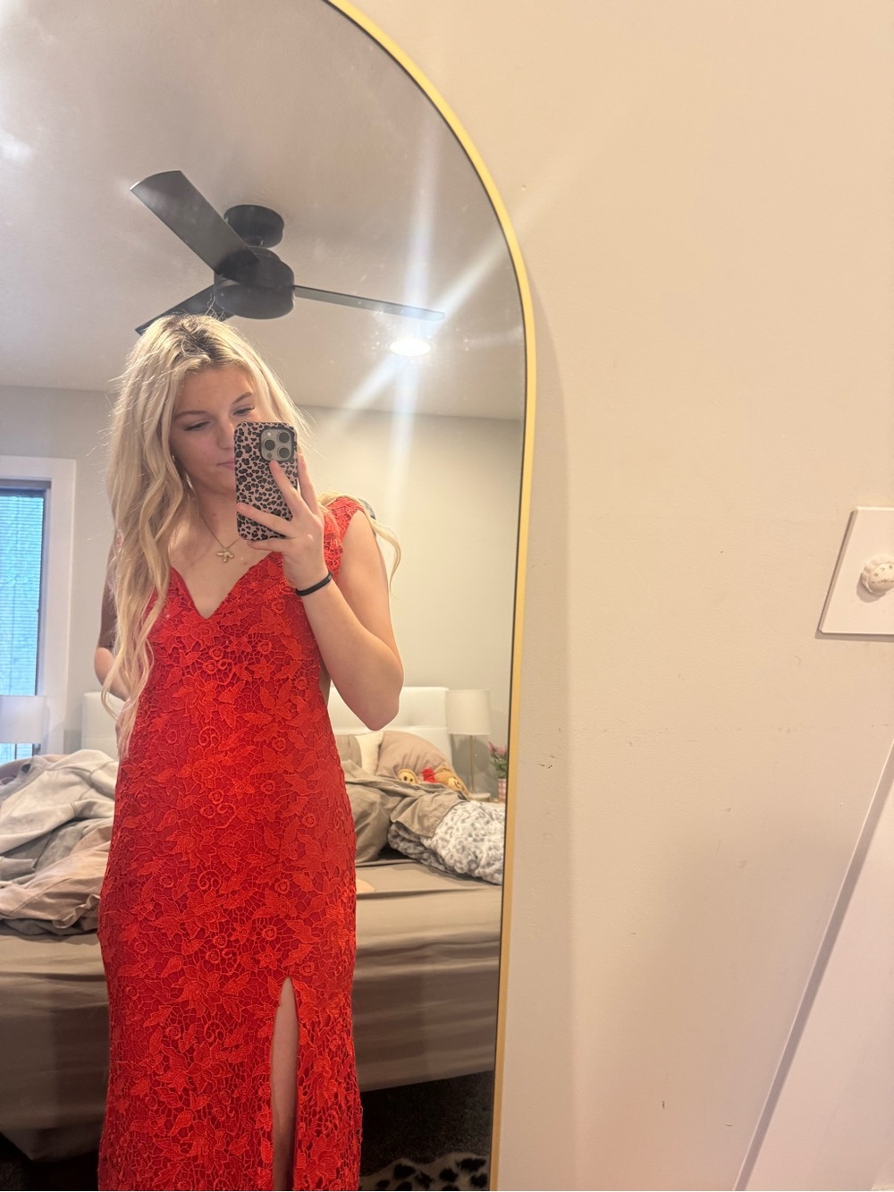 Red Lace V-Neck Maxi Dress with Front Slit